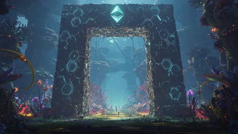 a mystical gateway adorned with intricate hexagonal patterns and a glowing emblem stands in a vibrant, otherworldly forest, beckoning explorers into a fantastical realm of wonders
