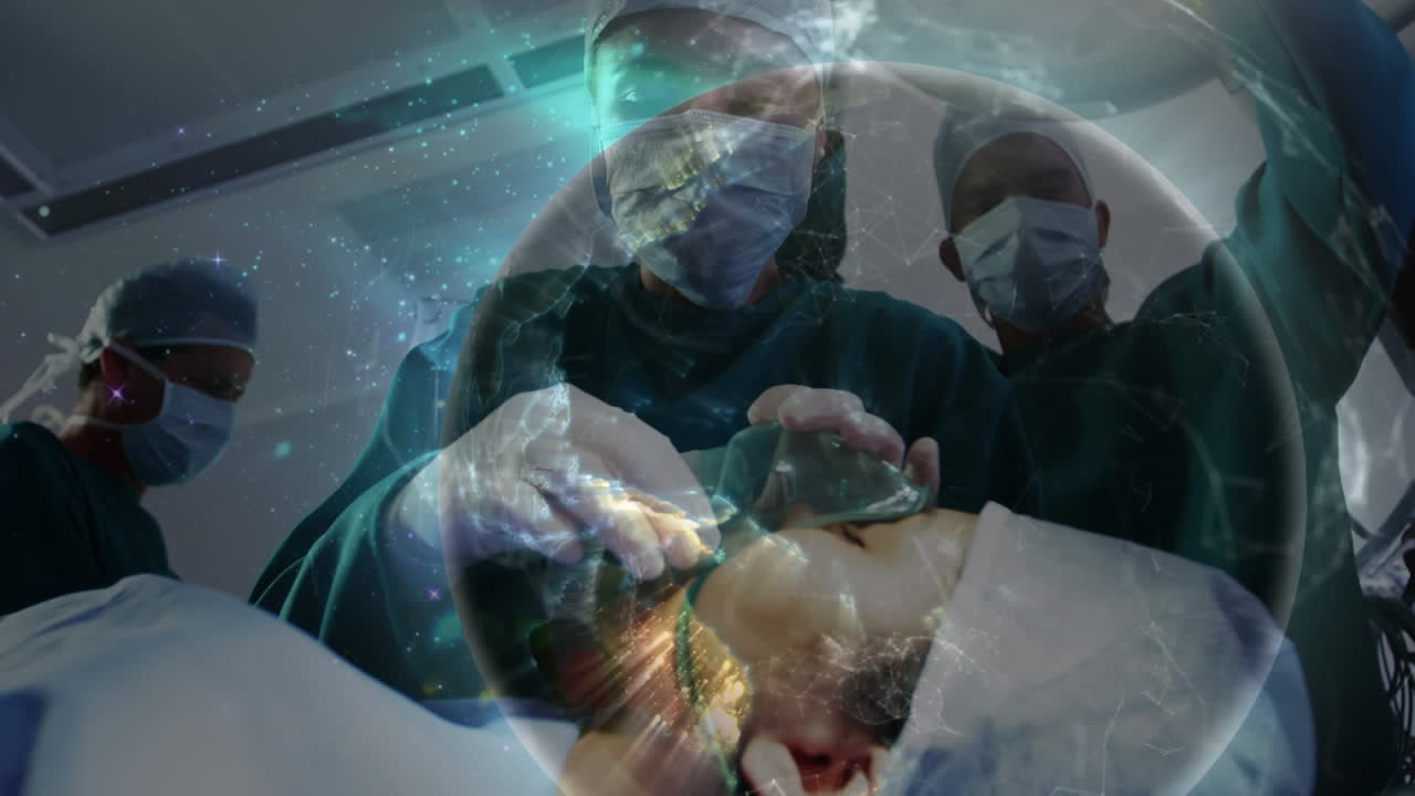 animación del globo con red de conexiones sobre cirujanos en el quirófano