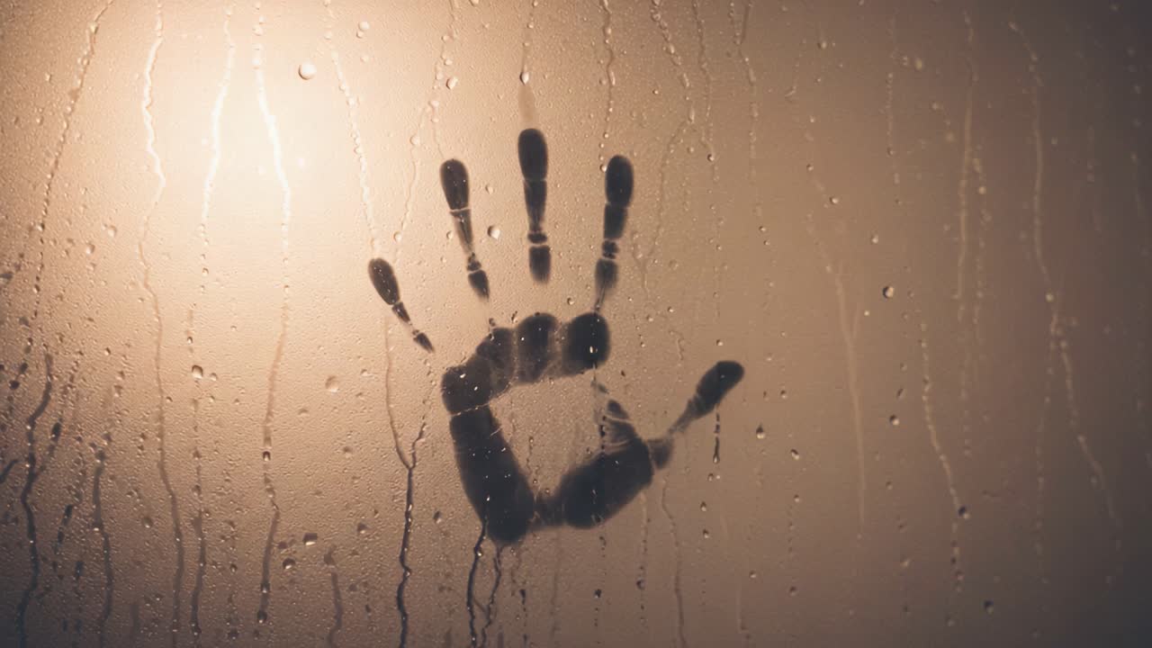 Un gesto etereo dietro un vetro appannato, catturato in due fotogrammi, che mostra l'intricato gioco di luci e ombre con la silhouette di un'impronta di mano