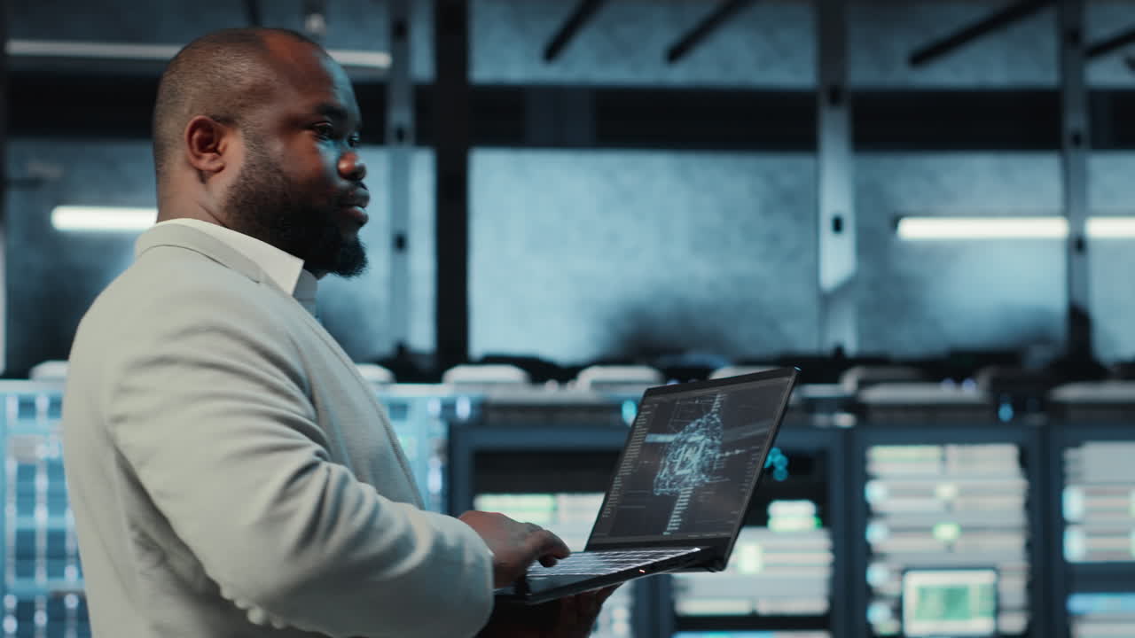 Vertical video Software developer in data center using artificial intelligence tech on laptop