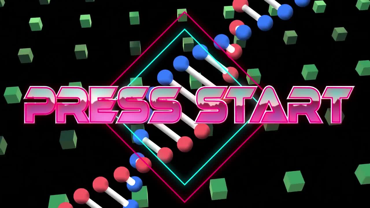 언론 별과 dna 사슬의 애니메이션이 초록색 큐브로 발크 배경 위에 있습니다.