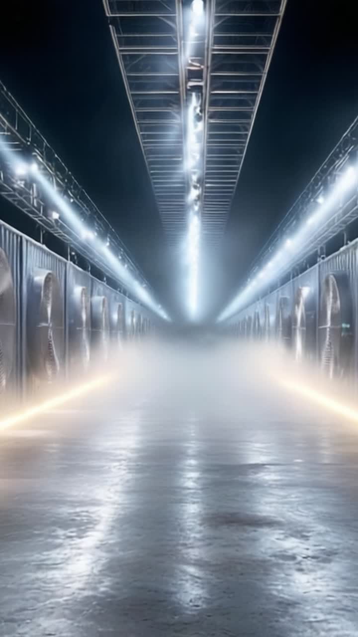 Corridoio misterioso illuminato da un'illuminazione drammatica e nebbia inquietante, che mostra architettura moderna con ventilatori industriali su entrambi i lati, creando un'atmosfera enigmatica