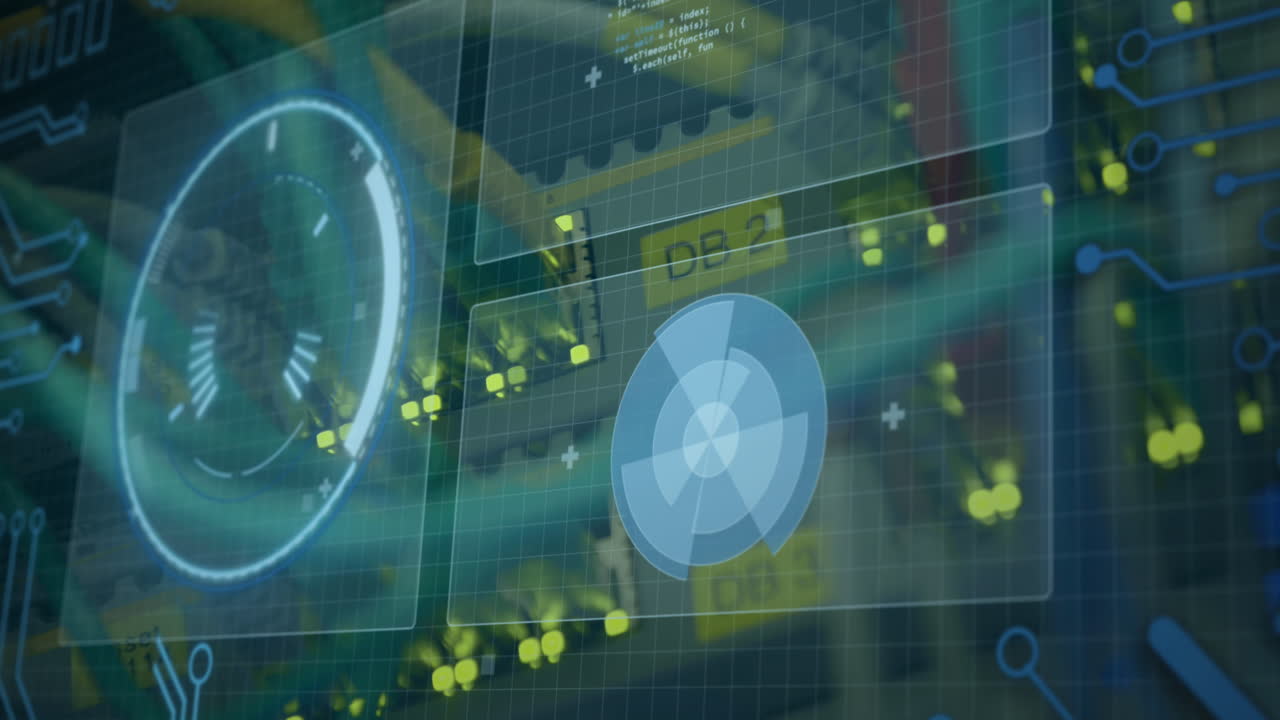 animación de la interfaz con procesamiento de datos y escáner redondo sobre un servidor de computadora en primer plano