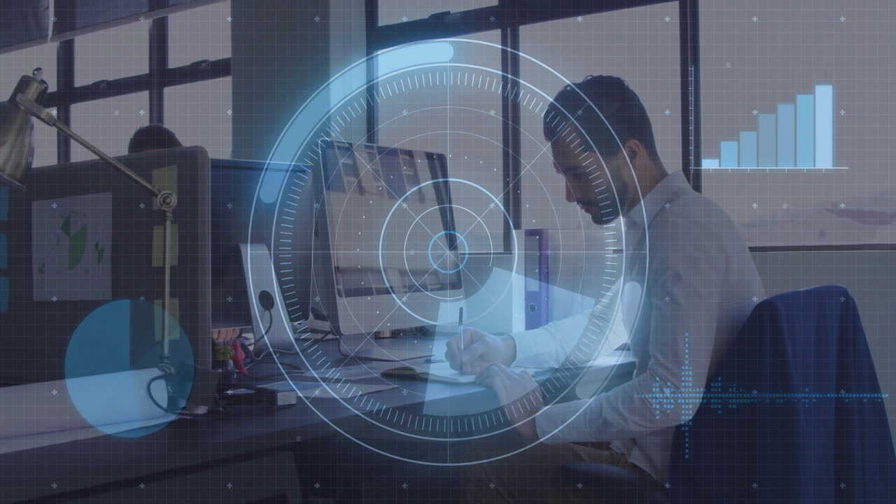 Business professional working at desk with digital data overlay animation