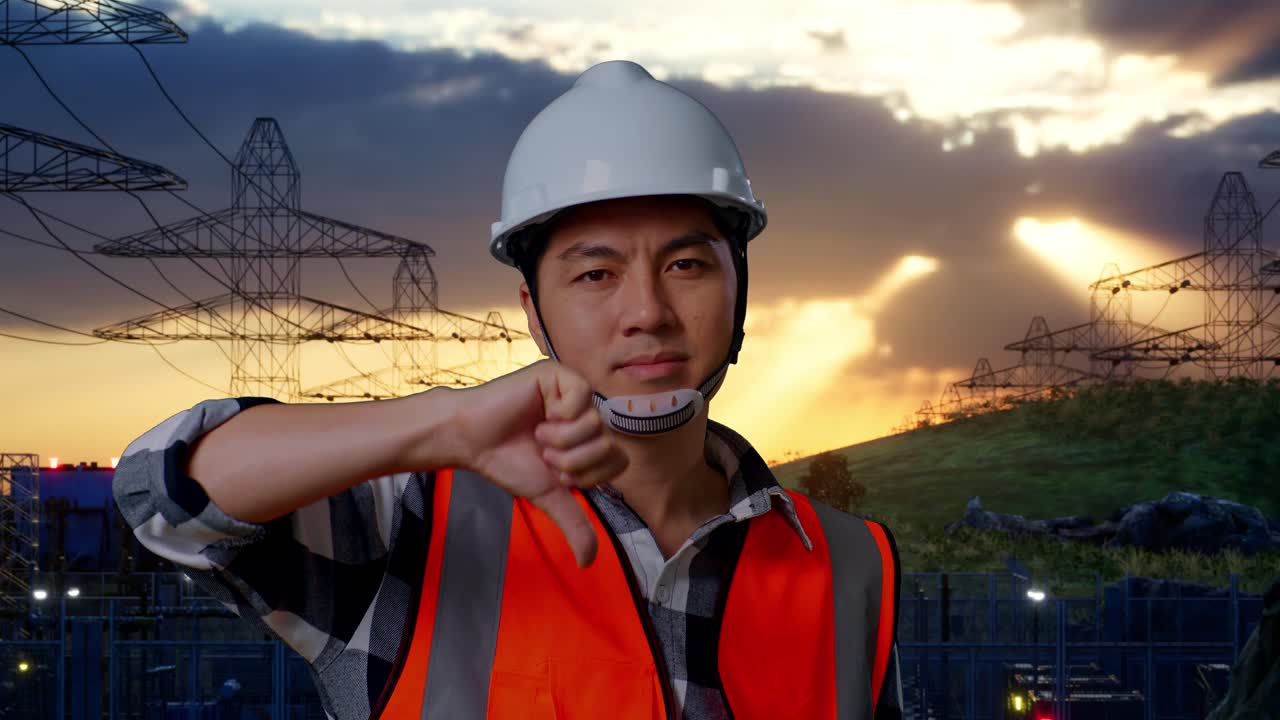 안전 헬을 착용한 아시아 남성 엔지니어가 엄지손가락을 내려놓고 고전압 타워 근처에 서서 머리를 흔들고 있다.