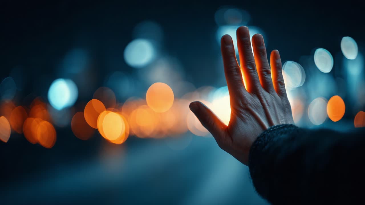 A Close-Up of a Hand Gesturing Towards Light Amidst a Blurred Night Cityscape, Capturing the Essence of Connection and Warmth in an Urban Environment