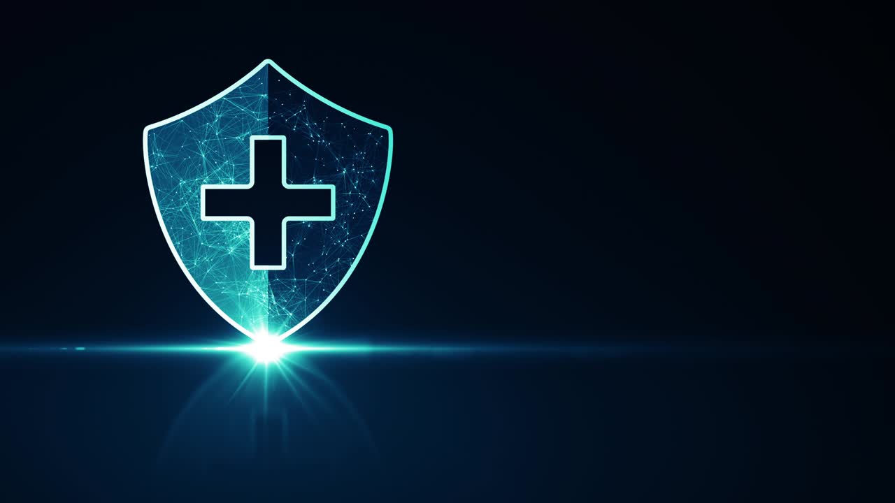 concepto de protección del sistema de atención médica. icono de escudo de protección de salud médica futurista con marco de alambre brillante por encima de múltiples en fondo azul oscuro. animación de bucle 4k sin costuras.