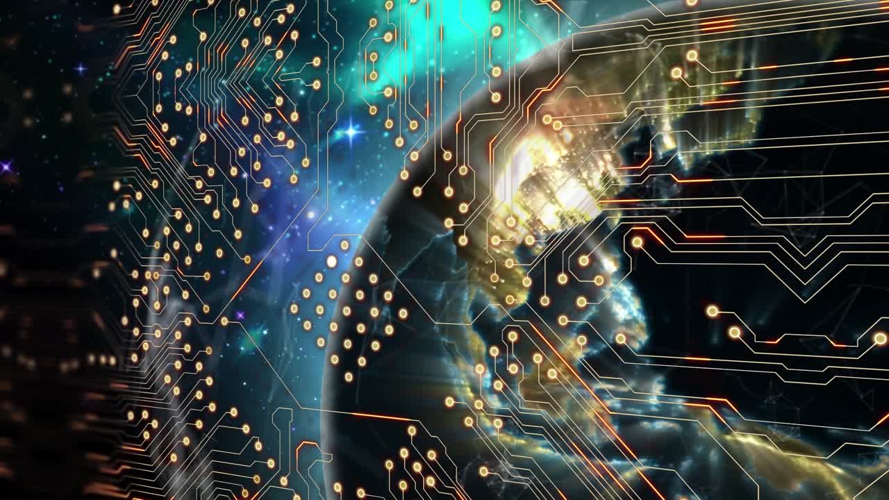 Animation af integreret kredsløb over jordkloden i rummet