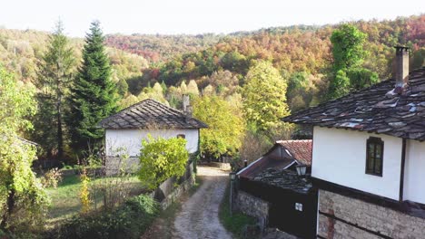 Pintoresco-Pueblo-Forestal-Tradicional-Búlgaro-Disparo-De-Drone-De-Otoño