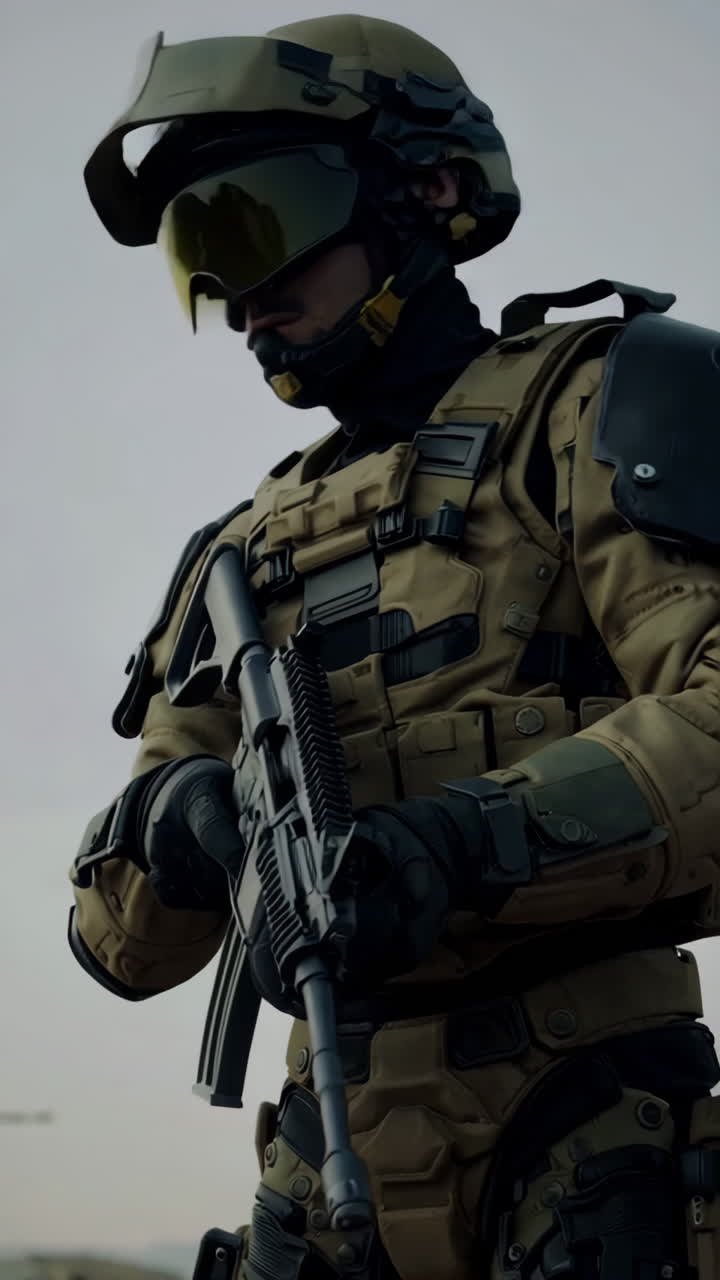 soldato futuristico nel paesaggio del deserto