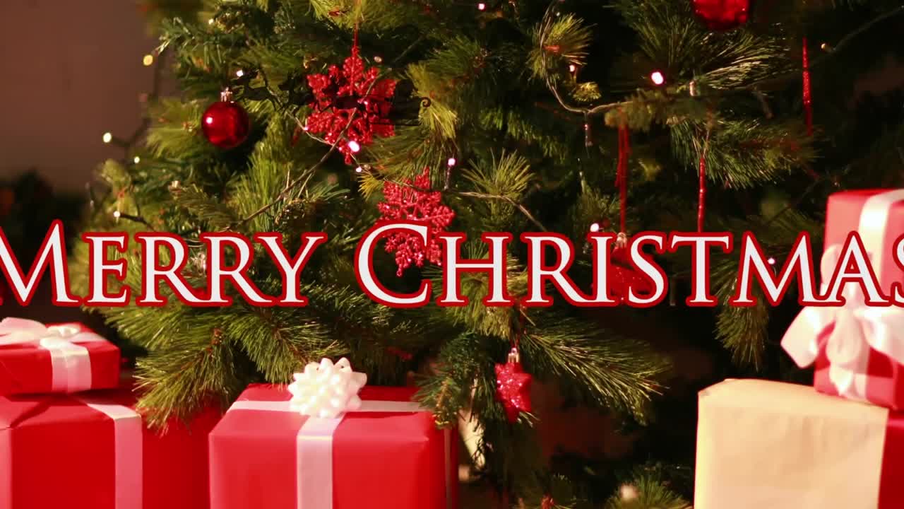 크리스마스 나무 위에 사 ⁇ 과 함께  ⁇ 매에 산타클로스와 함께 크리스마스 인사 텍스트의 애니메이션