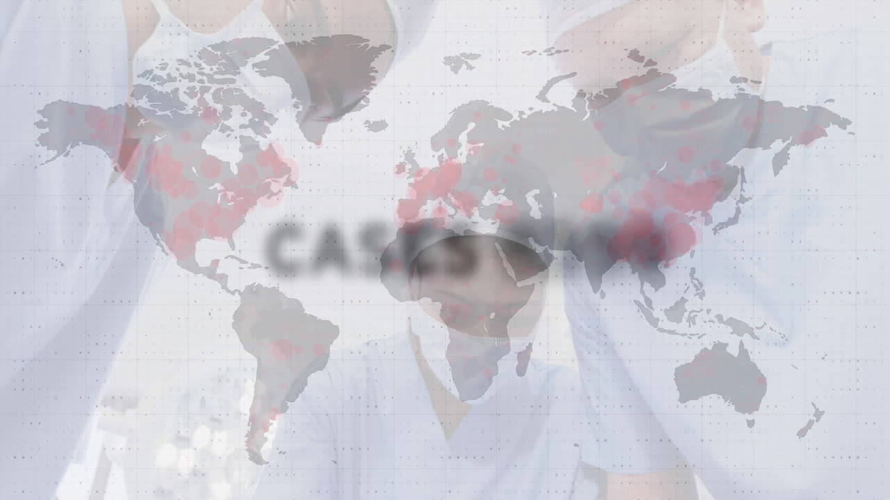 코로나 바이러스 콘셉트 텍스트 세계 지도에서 의사 팀을 상대로