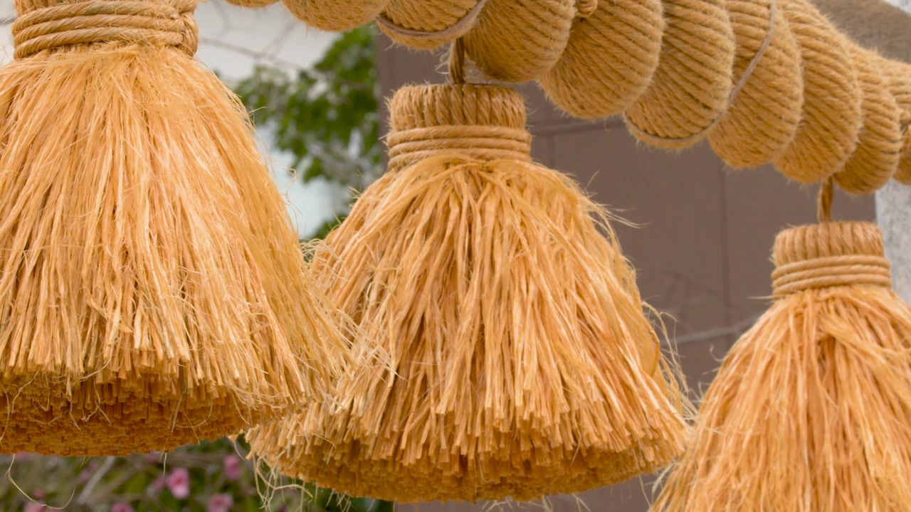 Primo piano di una spessa corda shimenawa intrecciata con nappe pendenti in un santuario.