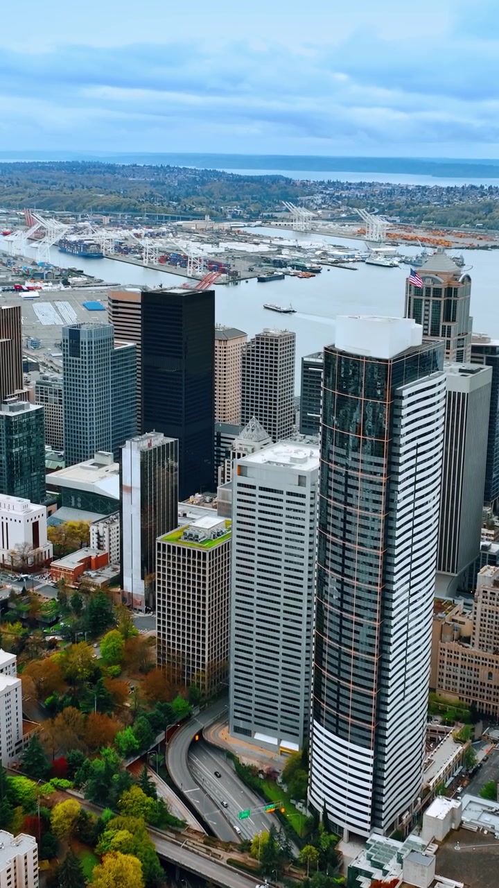 Nessun grattacielo simile nel gruppo di grattacieli nel centro della metropoli. Vista dall'alto sul paesaggio urbano di Seattle, Stato di Washington, USA, con il Lago Washington sullo sfondo. Video verticale.