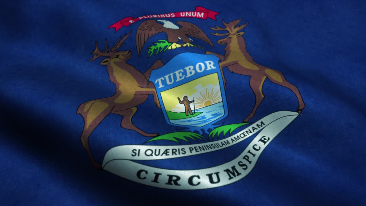 바람에 흔들리는 미시간 주 발, 미시간의 국기, 미시간 주 표지판, 4k