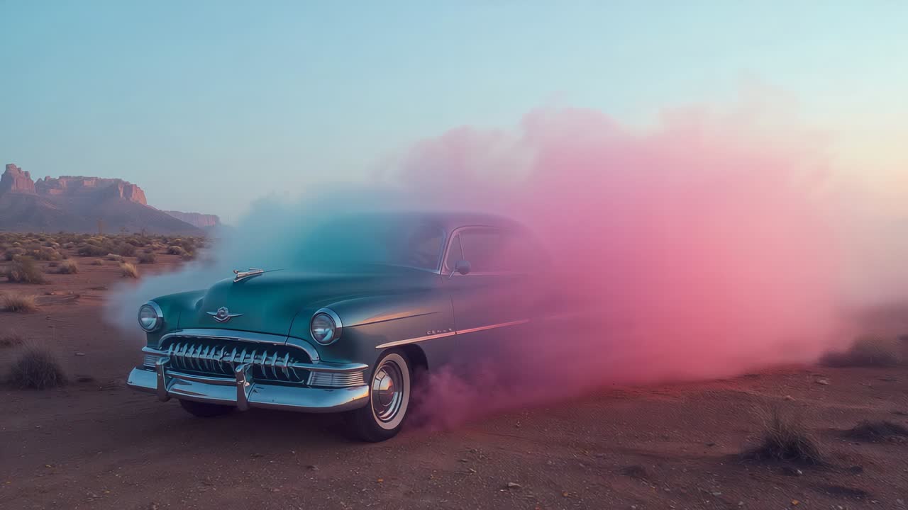 Humo de colores ascendente que revela un sedán retro color verde azulado en una llanura desértica para una sesión fotográfica preparada con un telón de fondo rosa y azul