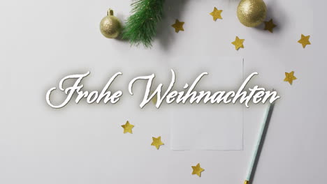 animation of frohe weihnachten text over empty card and christmas decorations