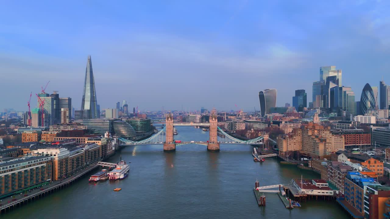 Aerial wide view of central London, iconic landmarks on the Thames River