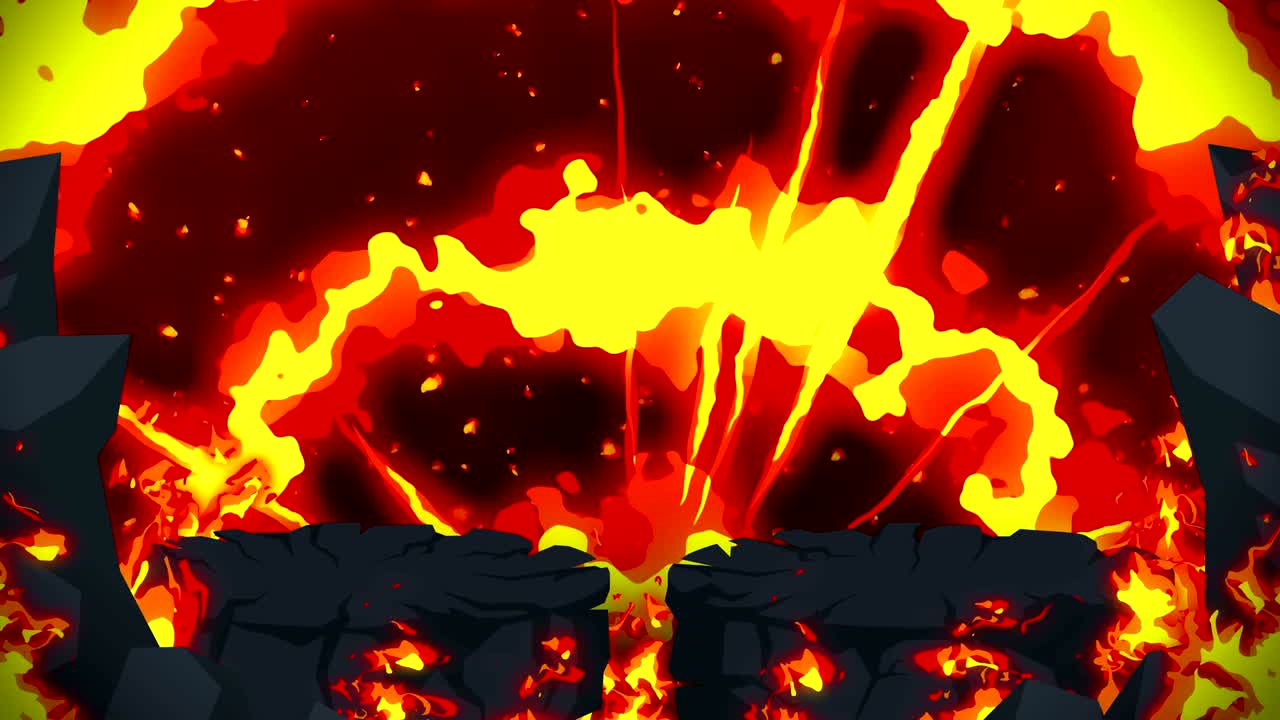 만화 불 애니메이션. 불꽃 루프 배경. 경쟁. 전투 게임.
