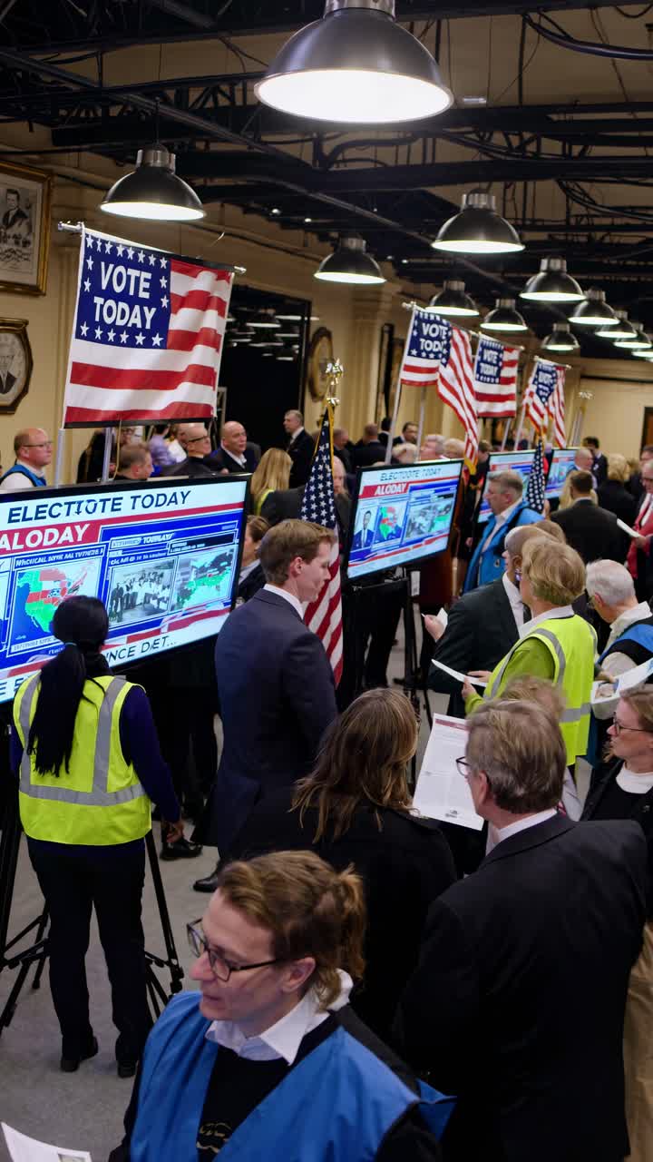 High-angle shot of a busy election center with people in vests, flags, and video screens displaying