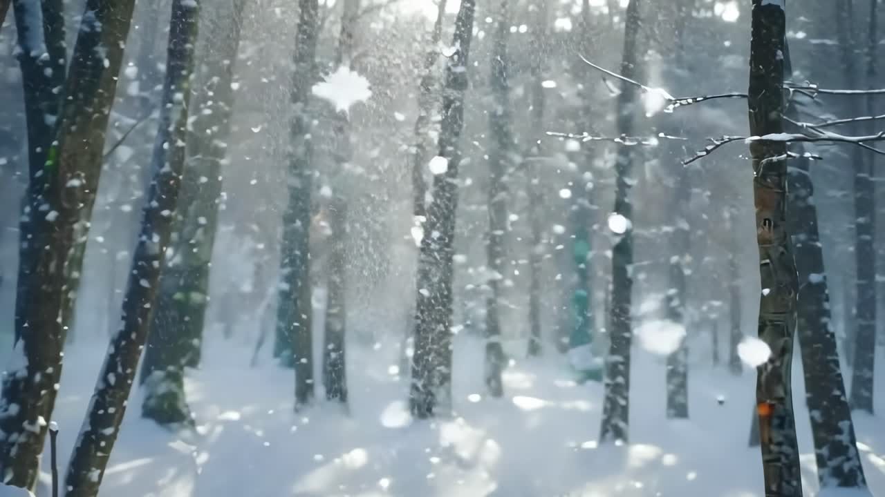 A serene winter forest scene with snow gently falling, captured from a low-angle
