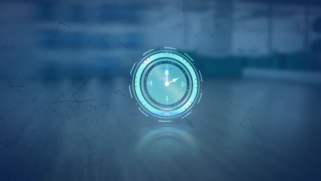 Animazione di orologio in movimento e costellazioni su sfondo blu
