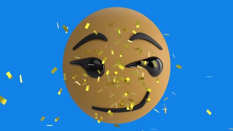 Animación-Digital-De-Confeti-Dorado-Cayendo-Sobre-Emoji-De-Cara-Sonriente-Contra-Fondo-Azul