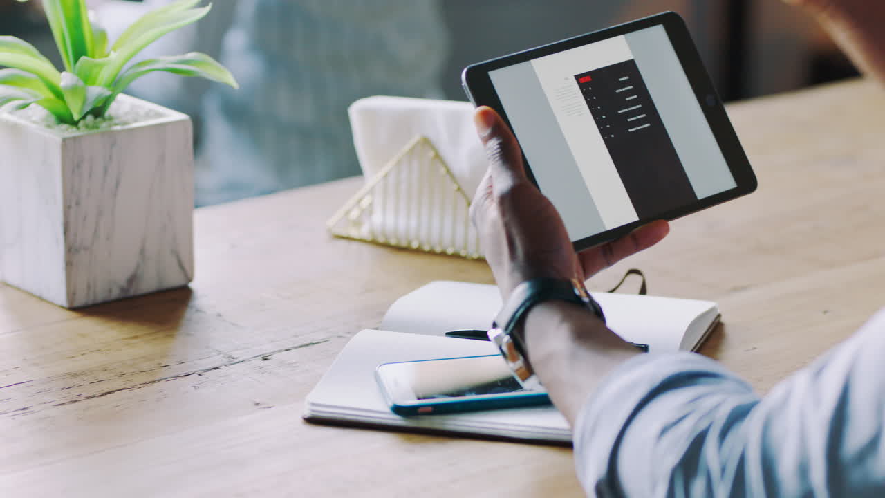 Digital tablet, coffee and creative employee