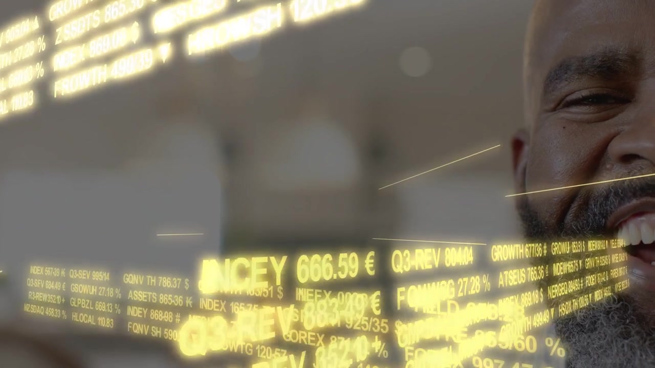 Mature man watching yellow financial tickers moving to camera, brightening and showing market gains