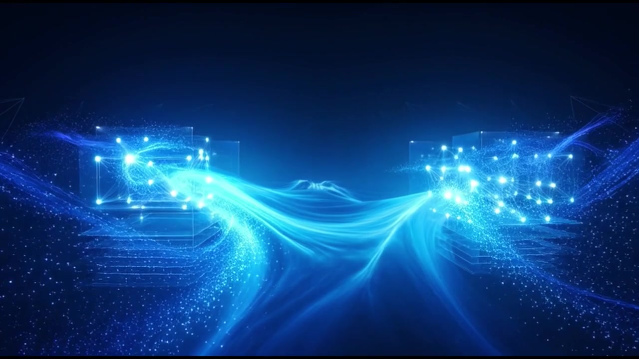Abstract Digital Data Transfer Between Two Glowing Cubes
