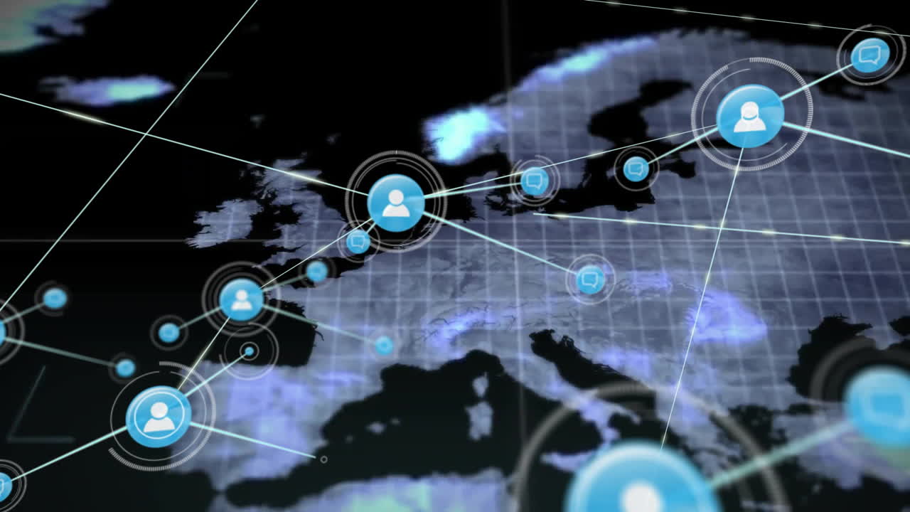 Animation of network of connections with icons over map of europe