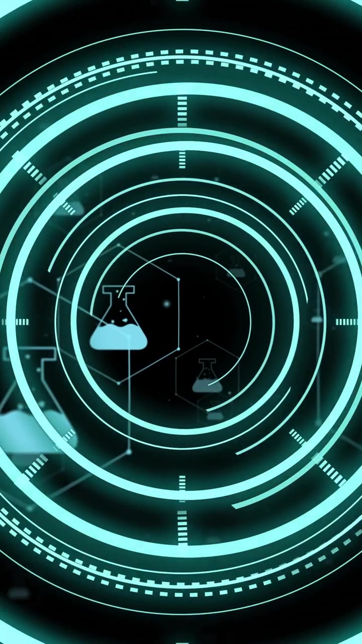 Animation of scope scannig and data processing with beaker icons on black background
