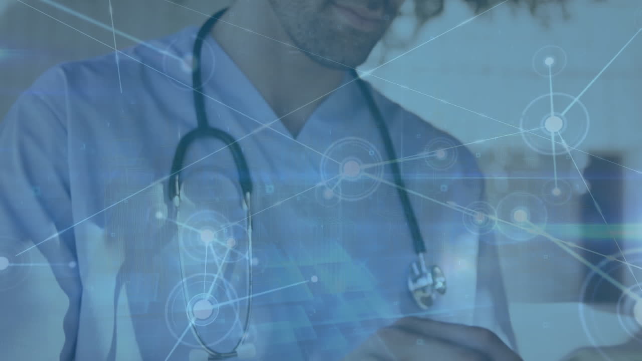 animación de la red de conexiones a través de un médico caucásico masculino