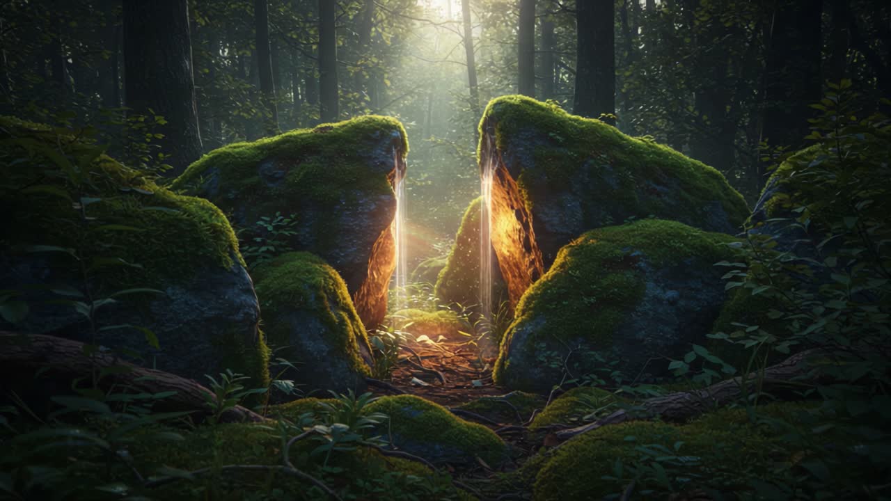 A serene, enchanting forest scene featuring two large moss-covered stones forming an opening, illuminated by soft golden light, creating a magical atmosphere in nature