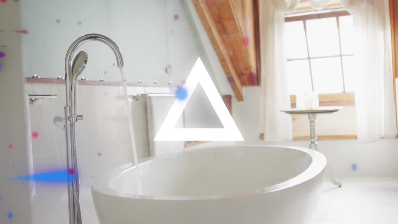 Glowing circle graphic floating above attic bathroom, scattering pink blue and purple dots over tub