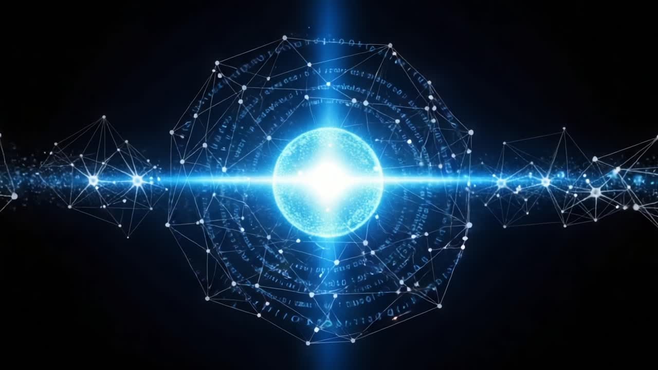 A Mesmerizing Glimpse into the World of Quantum Energy: The Dynamic Transformation of a Luminous Sphere Surrounded by Intricate Particle Networks and Mathematical Patterns