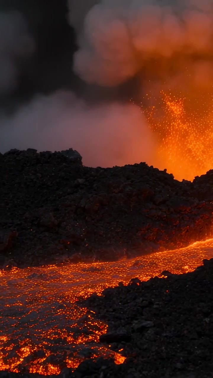 Video verticale: Sfiato eruttivo e lava che scorre nel cratere da gas in aumento, che lancia schizzi e fumo.