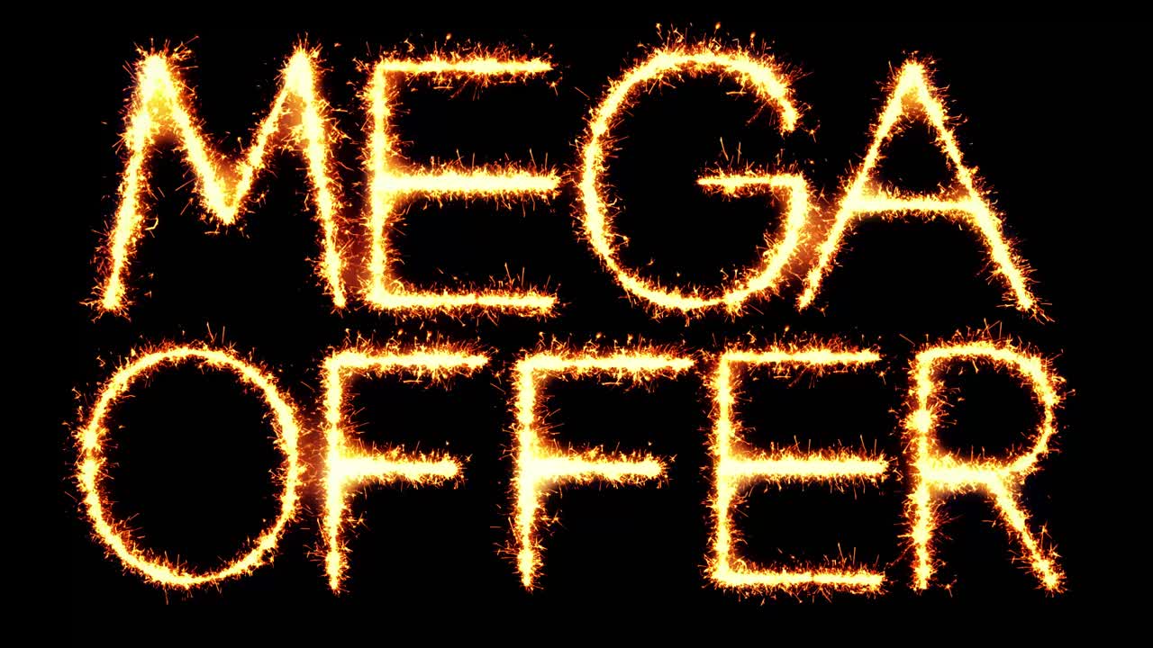 Mega offer text sparkler writing with glitter sparks particles firework on black 4k loop background