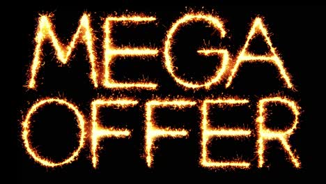 mega offer text sparkler writing with glitter sparks particles firework on black 4k loop background