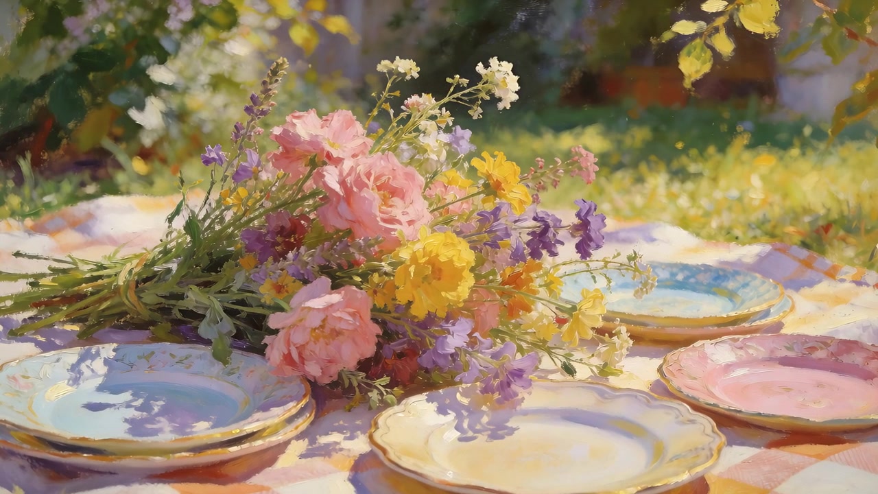 Pushing camera closing in and breeze shifting bouquet forward on blanket in yard with pastel plates