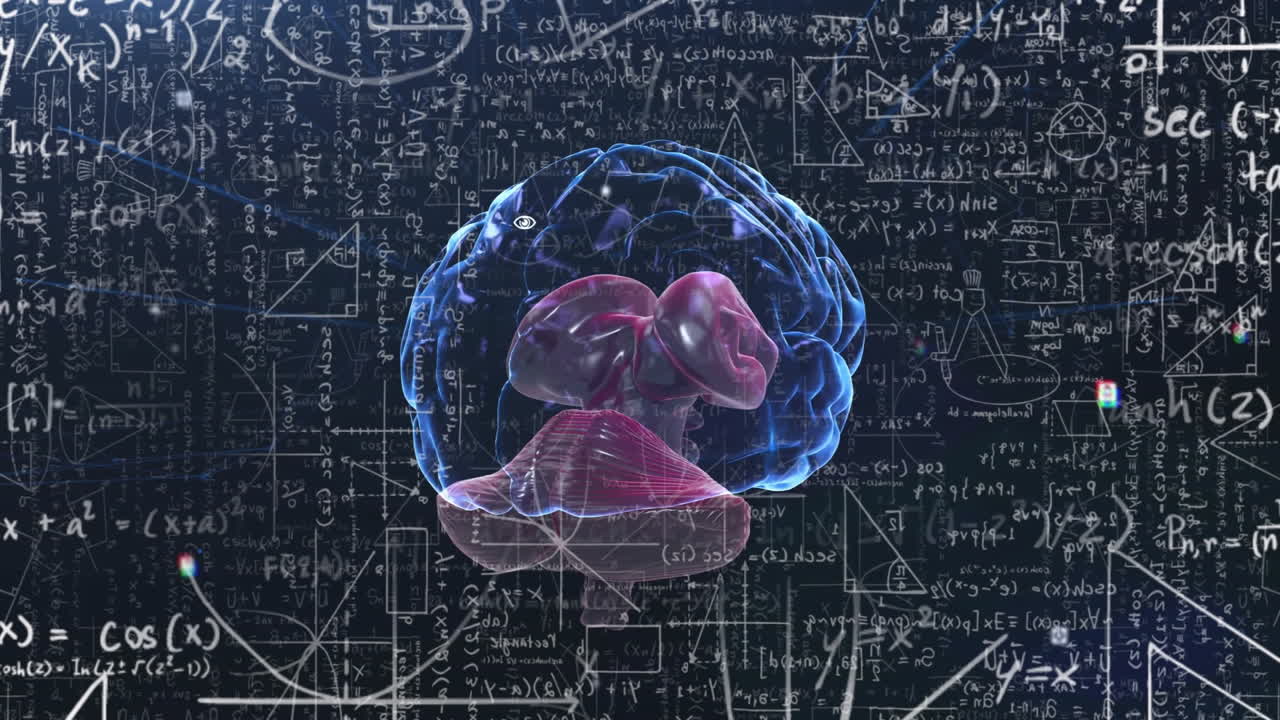 Animation of mathematical data processing and human brain over black background