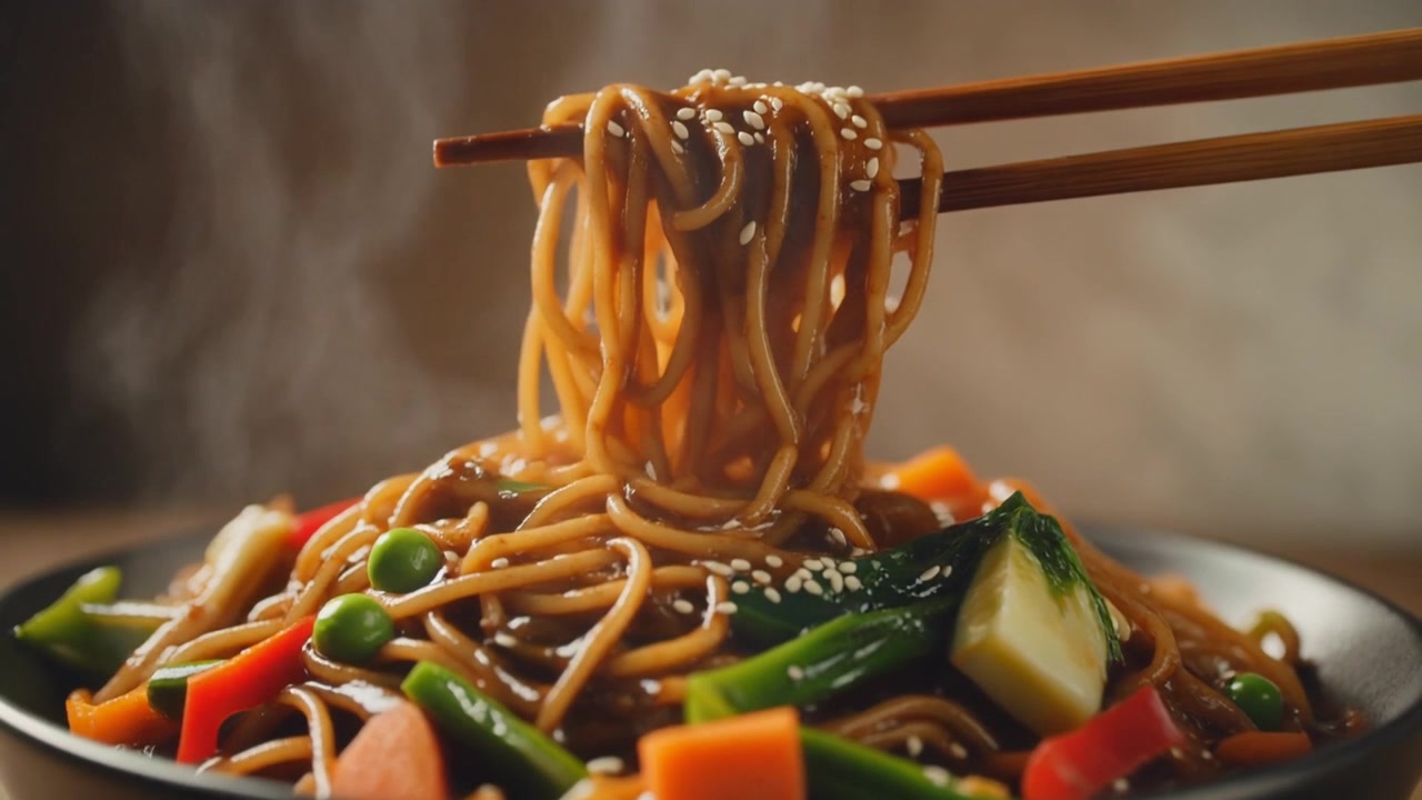 Noodles saltati in padella fumanti con verdure, sollevati con le bacchette