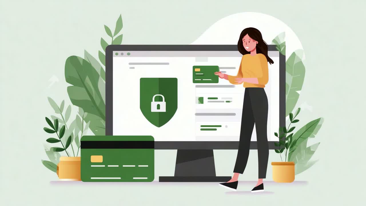 A modern illustration depicting a woman presenting a secure online payment interface with a shield logo on a computer screen surrounded by plants and credit cards