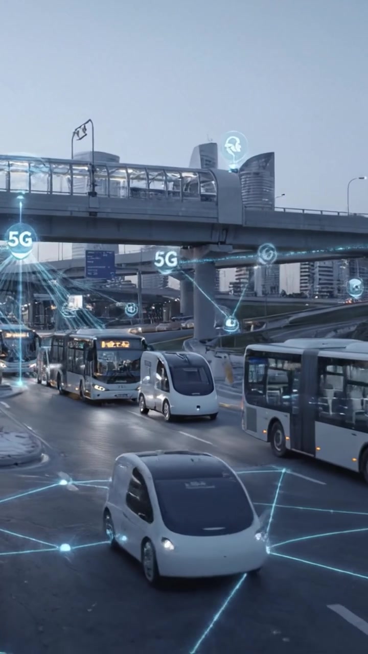 Un moderno polo di trasporto urbano con autobus e tecnologia intelligente che mostra connettività e innovazione nel trasporto pubblico all'ora del crepuscolo.