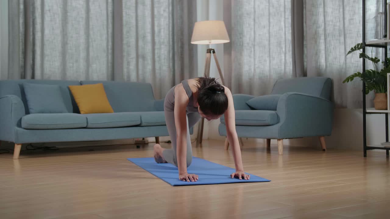 젊은 아시아 트레이너 여성이 집에서 운동을 가르치는 동안 카디오, 높은 무 및 코어 강화 운동을 하기 전에 이야기합니다.