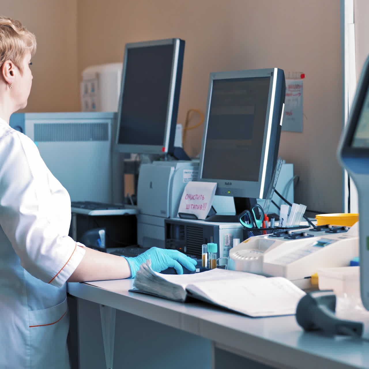 Laboratory technician woman checking the analysis of blood, working on the computer. Female scientist writing the results in the notebook on a modern clinic background.