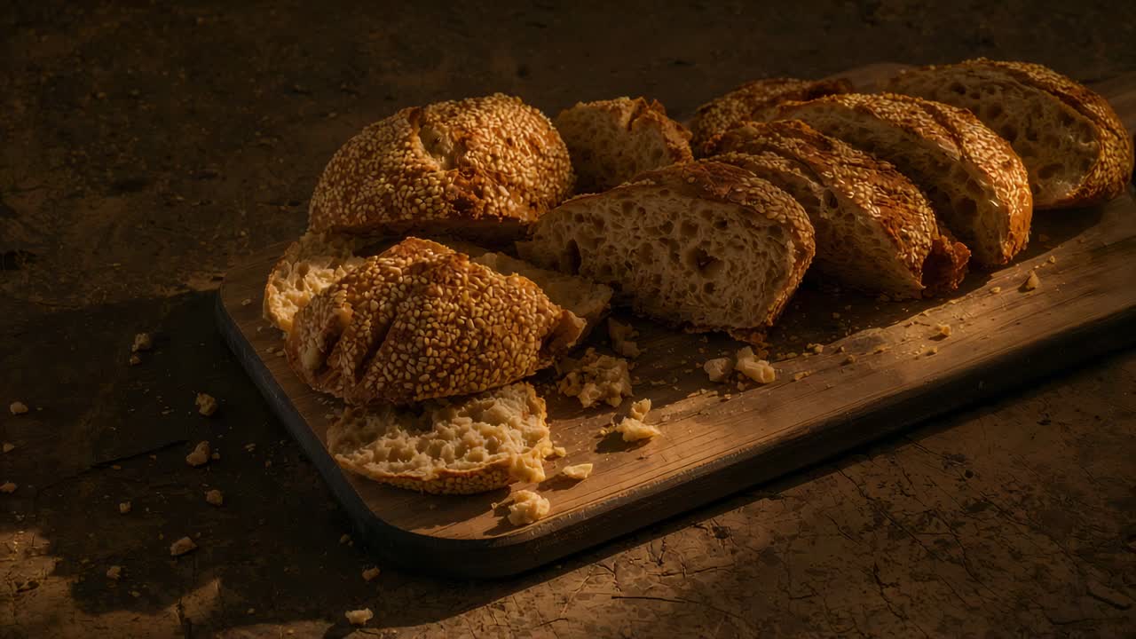Zooming camera highlighting crust detail on sesame rolls and sliced loaf on wooden board