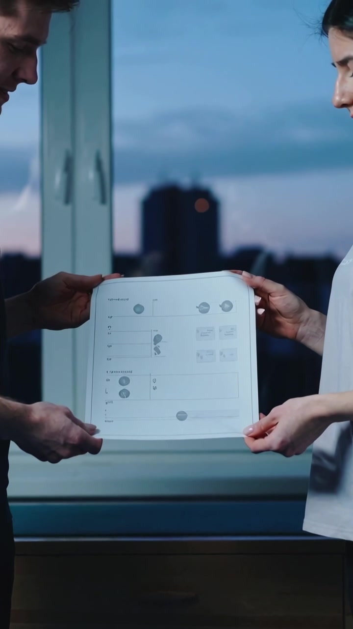 Video vertical: Iniciando, pareja con prendas superiores oscuras y claras ajustando un póster en la ventana, revisando contenido