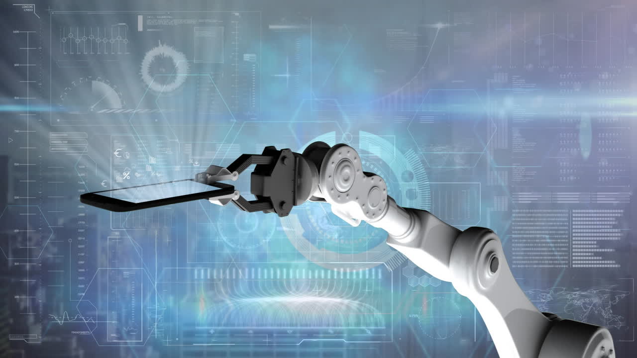 데이터 처리와 디지털 인터페이스에 대항하여 스마트폰을 들고 있는 로 ⁇  손