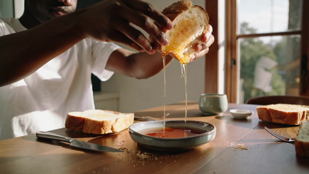 Holding halves above bowl, man in white tee pulling apart, preparing toast at home